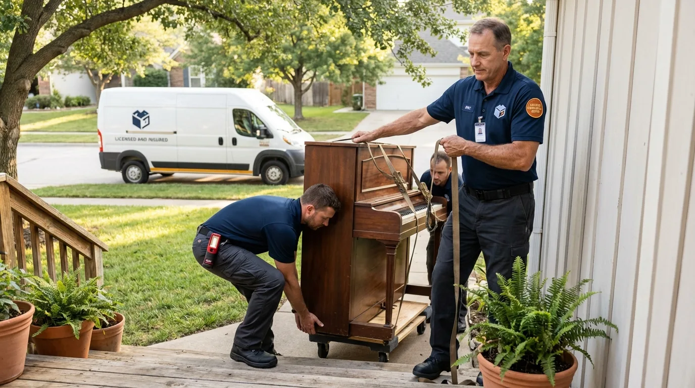 Licensed piano movers securing grand piano in Edmore, MI